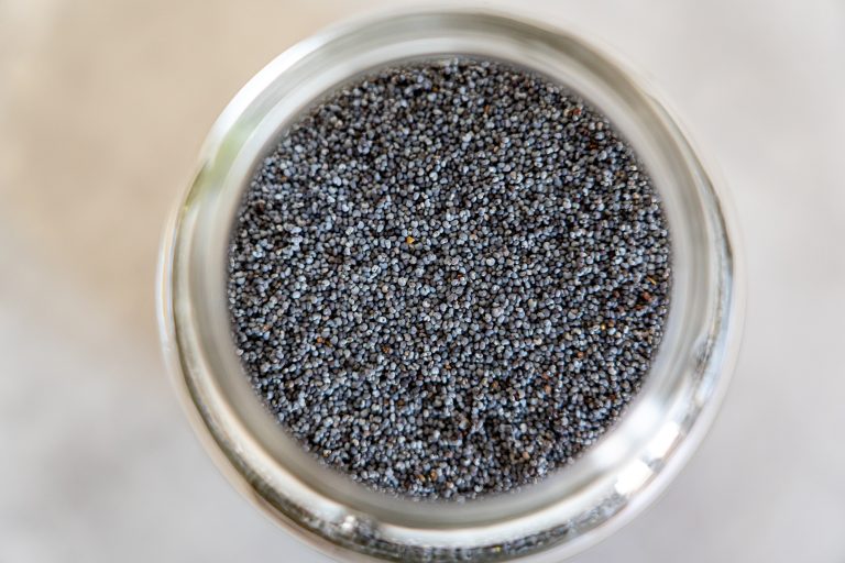 open glass jar of chia seeds