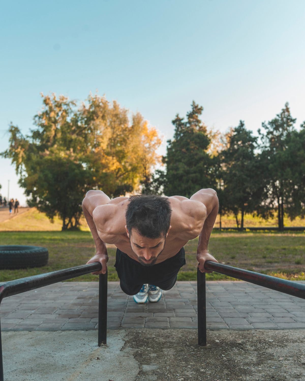 Best push-up bars for beginners: athlete doing push-ups on low parallettes in a park