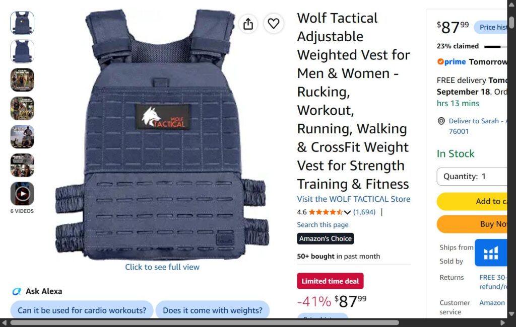 Wolf Tactical Adjustable Weighted Vest, navy blue, front view, current Amazon listing