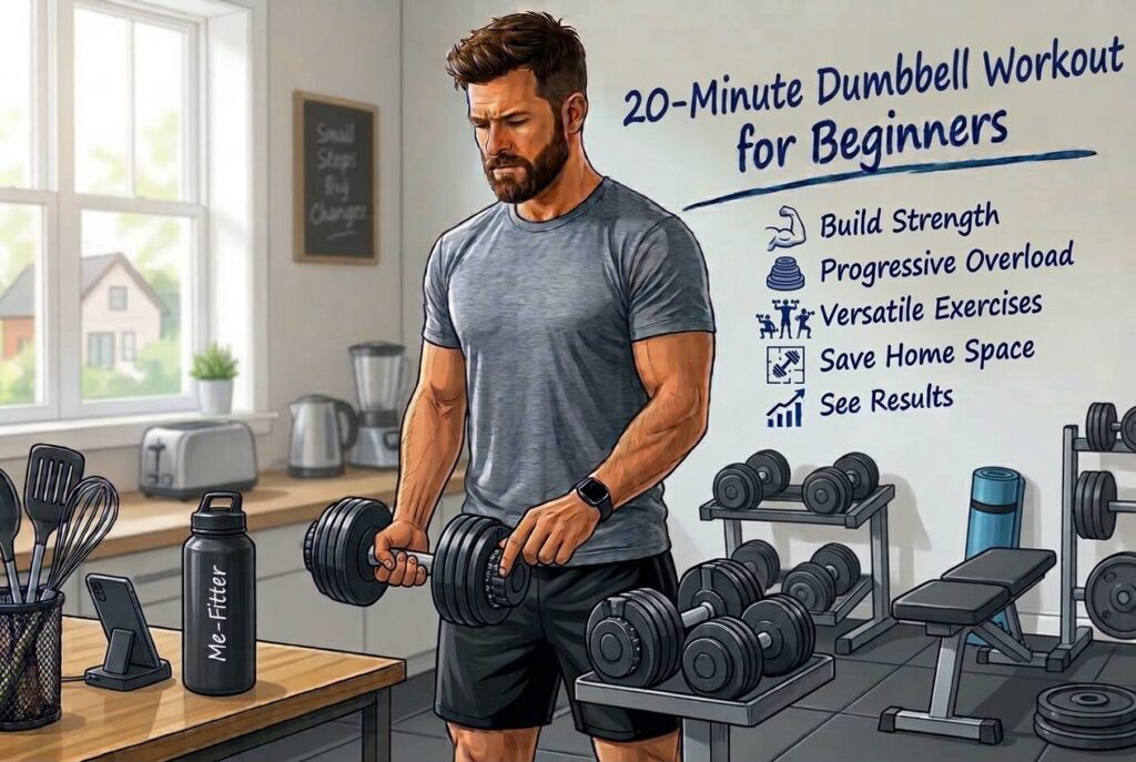 Illustration of a man doing a dumbbell bicep curl at home for a 20-minute dumbbell workout for beginners