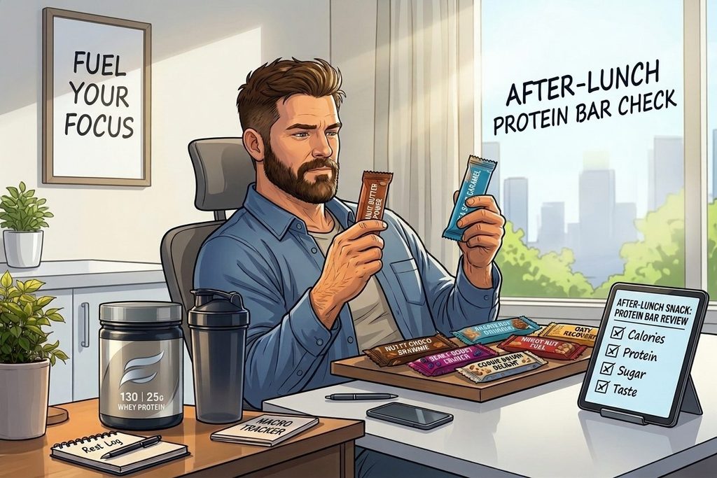 Illustration of a man at his desk after lunch comparing two protein bars, with a tablet checklist for calories, protein, sugar and taste