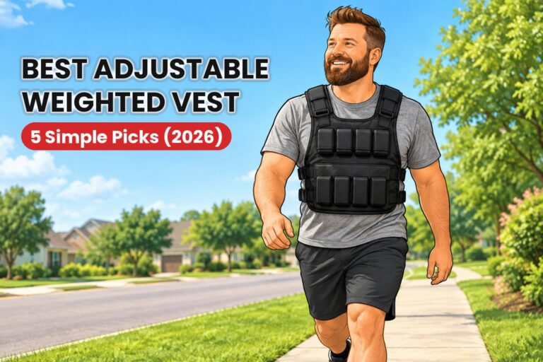 Illustration of a smiling bearded man walking in a black adjustable weighted vest with the headline Best Adjustable Weighted Vest, 5 Simple Picks 2026