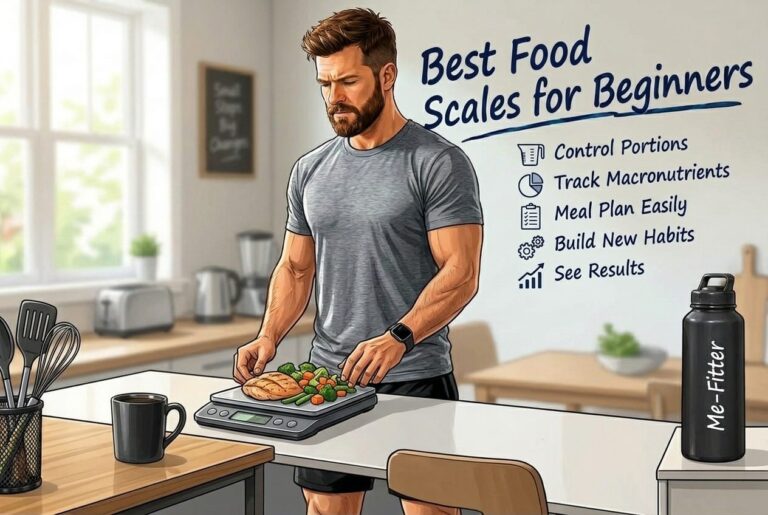 Best food scale for weight loss: illustration of a man weighing grilled chicken and vegetables on a digital kitchen scale, with tips like control portions and track macronutrients