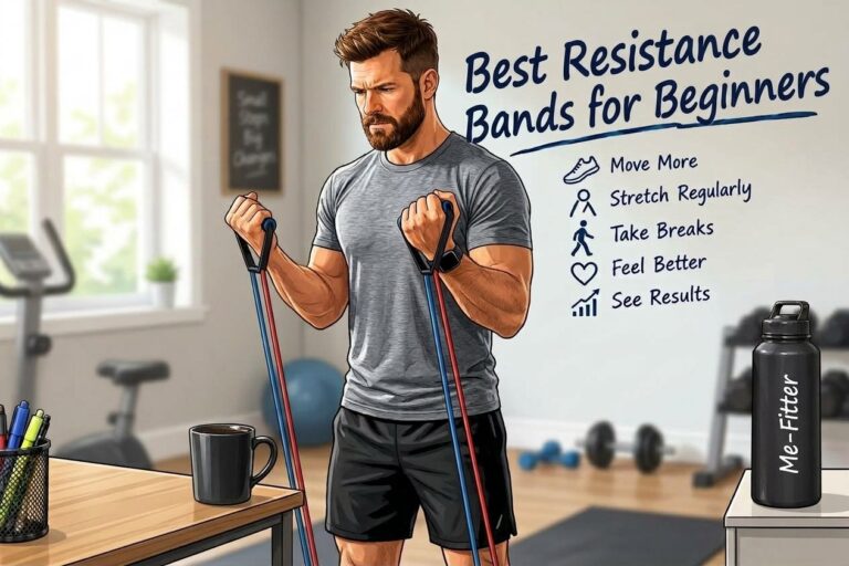 Illustration of a man doing bicep curls with resistance bands with handles in a home gym, next to a whiteboard reading Best Resistance Bands for Beginners