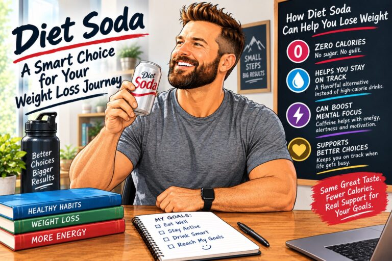 Illustration of a smiling man drinking a can of diet soda at his desk, next to a chalkboard listing how diet soda can help with weight loss: zero calories and a flavorful alternative to high-calorie drinks