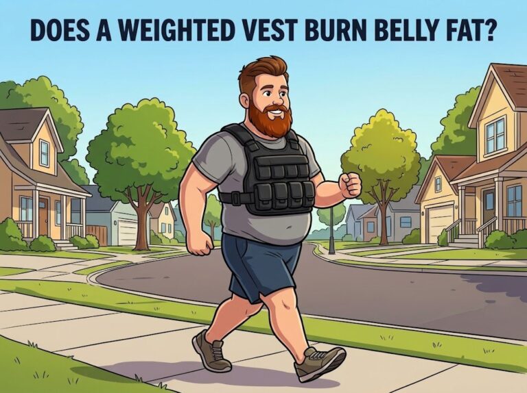 Cartoon of Brett walking in a weighted vest to lose belly fat