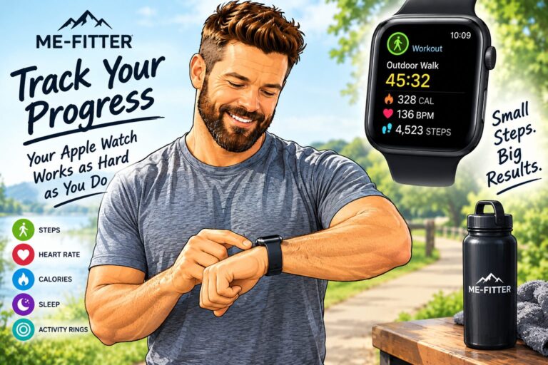 Illustration of a man checking his Apple Watch during an outdoor walk, with the watch showing workout time, calories, heart rate and steps, next to the words Track Your Progress