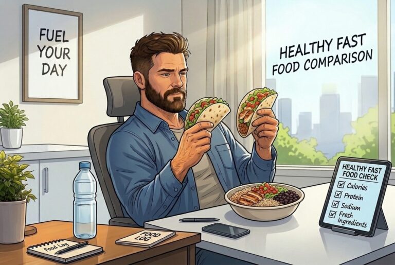 Healthy fast food: cartoon of Brett comparing a Chipotle-style bowl and chicken soft tacos with a calories and protein checklist