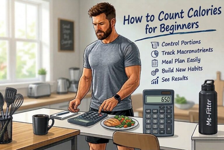 How to count calories for beginners: illustration of a man using a calculator next to a plate of grilled chicken and vegetables, with tips like control portions and track macronutrients
