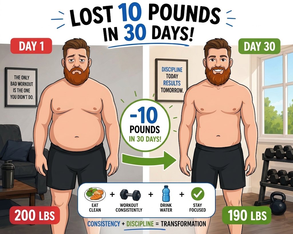 Cartoon of Brett before and after losing 10 pounds in a month, 200 lbs to 190 lbs