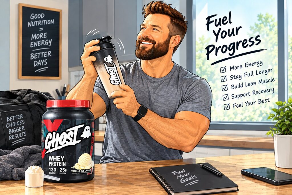 Illustration of a man shaking a protein shake next to a tub of GHOST whey protein, with a sign reading Fuel Your Progress: more energy, stay full longer, build lean muscle, support recovery, feel your best