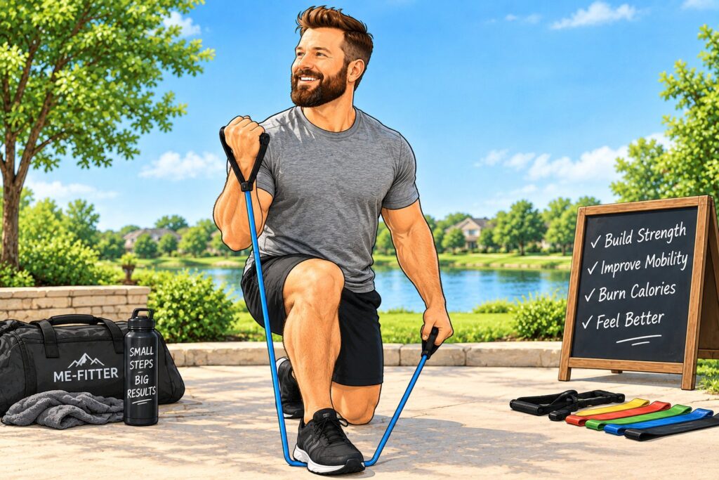 Illustration of a man doing a resistance band curl in a half-kneeling position outdoors, with loop bands and tube handles nearby and a sign reading build strength, improve mobility, burn calories, feel better